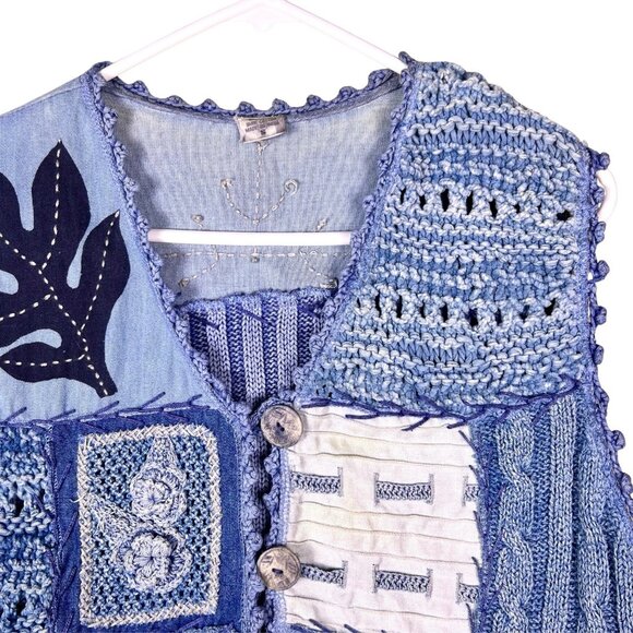 Sandy Starkman Sweaters - VTG Sandy Starkman Quilted Blue Patchwork Grandmacore Knit Vest Women’s Sz Small